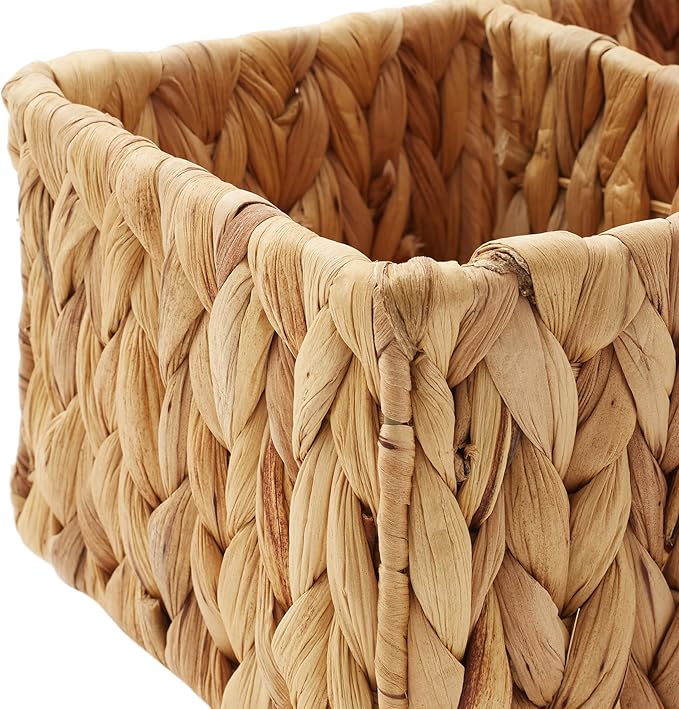 Casafield Set of 2 Water Hyacinth Basket Organizers with 3 Sections, Natural - Woven Storage Bins for Bathroom, Laundry, Pantry, Office, Shelves