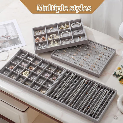 KATISYIO Large Velvet Jewelry Tray 2 Pack Stackable Jewelry Display Drawer Inserts Trays Organizer for Earring Bracelet Necklace Ring (Gray, 12 Grids+24 Grids)