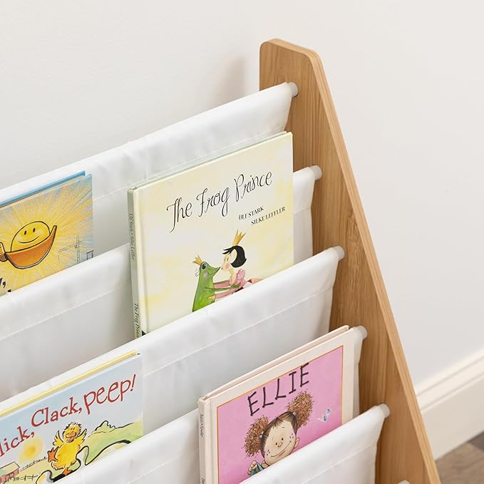 Humble Crew Kids Bookshelf 6-Tier Book Rack Organizer, Extra Large Toddler Bookcase with Fabric Storage Pockets, Front-Facing Display for Children’s Books, White/Natural Wood, Nursery/Playroom Storage | Humble Crew, White, Natural Wood, Super Size, 6 T...