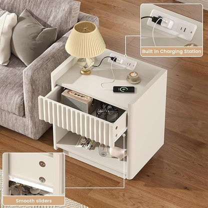 Bigbiglife Fluted Nightstand with Charging Station, 22" Modern Side Table with Drawer End Table with Open Storage, Bedside Table for Bedroom, Living Room, Natural Oak (1, Off White)