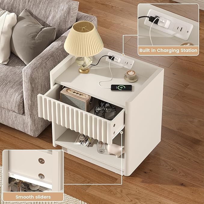 Bigbiglife Fluted Nightstand Set of 2 with Charging Station, 22" Modern Side Table with Drawer End Table with Open Storage, Bedside Table for Bedroom, Living Room, Natural Oak (2, Off White)