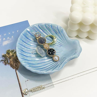 Shell Jewelry Dish Tray for Women, Ceramic Seashell Jewelry Ring Holder Dish, Jewelry Plate Trinket Dish for Necklace, Earring, Ring, Mother's Day Christmas Gift, 3.9", Sky Blue Iridescent Surface