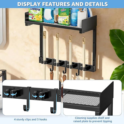 Heavy Duty Broom Holder Wall Mount with Grid Shelf, 4 Adjustable Hooks | All-in-One Cleaning Supplies Organizer for Laundry Room, Garage, Kitchen Storage