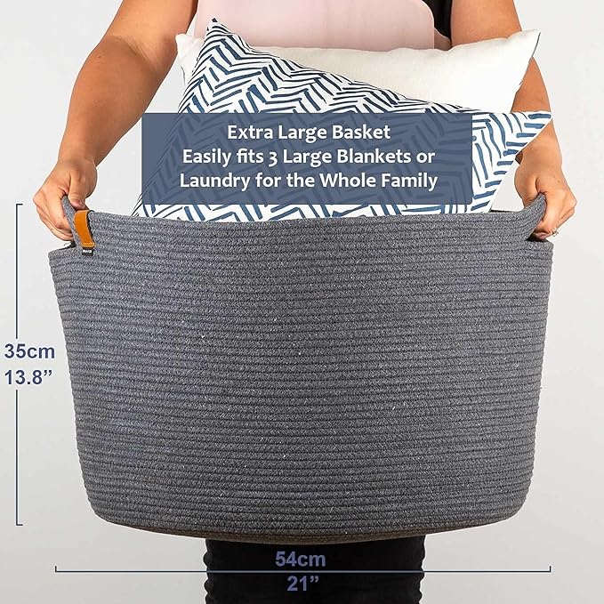 DENJA & CO Extra Large Blanket Basket for Living Room - Decorative Woven Baskets for Storage | Cotton Rope Large Baskets for Blankets, Pillows, Toys, or Laundry | Charcoal Gray (21" x 13.8")