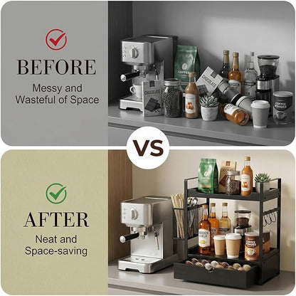 Coffee Station Organizer Countertop, Wooden Coffee Bar Accessories Organizer with Basket, 2 Mug Holder Hooks and Pod Drawer, Multifunctional 2 Tier Countertop Organizer for Kitchen, Bathroom, Office
