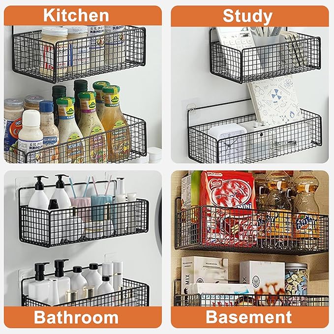 Metal Hanging Baskets 2-Pack - Wire Wall Storage Organizer with Hooks, Adhesive Shelves for Kitchen, Bathroom, Pantry (Spice Rack, Cabinet Organizer, Shower Caddy) Garage RV Black