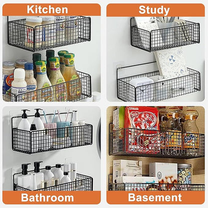 Metal Hanging Baskets 2-Pack - Wire Wall Storage Organizer with Hooks, Adhesive Shelves for Kitchen, Bathroom, Pantry (Spice Rack, Cabinet Organizer, Shower Caddy) Garage RV Black