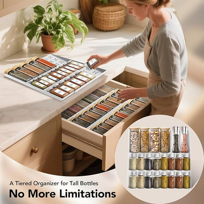 Idcymoul Spice Drawer Organizer 3-Tier Expandable (11"-22" Wide), Spice Rack for Cabinet with Funnel & Spice Labels, Fits Large Jars, Seasoning Storage Insert Design for Cabinet & Drawer (White)