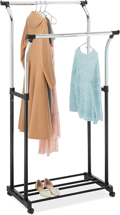 Whitmor Double Rods Clothes Rack, Rolling Clothing Rack for Hanging Clothes, Portable Wardrobe Rack, Adjustable Garment Rack with Wheels, Black & Silver