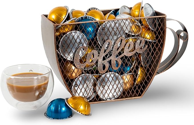 Made Easy Kit Coffee Pod Organizer Compatible with Nespresso Vertuo and Original - Countertop Sculpture Holder Basket Style for Café Bar, Corner Station Office Break Area (Mountable Mug Vintage)