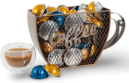 Made Easy Kit Coffee Pod Organizer Compatible with Nespresso Vertuo and Original - Countertop Sculpture Holder Basket Style for Café Bar, Corner Station Office Break Area (Mountable Mug Vintage)