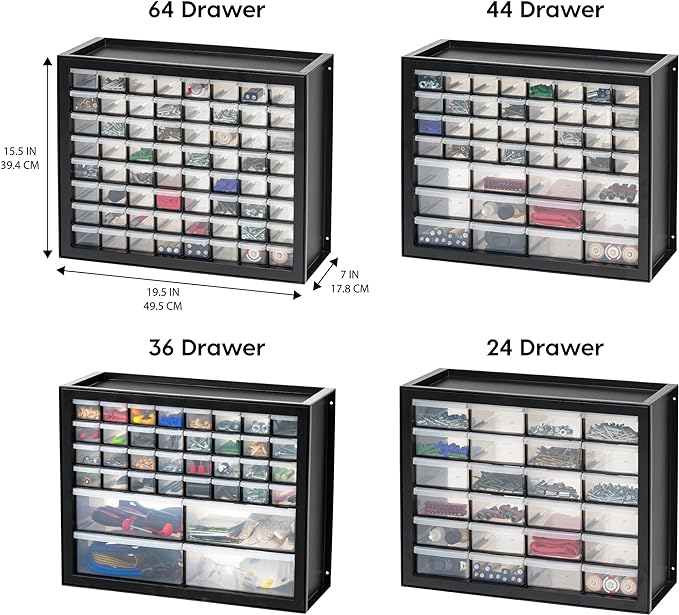 IRIS USA Bead Organizer Drawers, 64-Drawer, Screw Tool Electronics Hardware Nuts and Bolts Plastic Garage Storage Cabinet Bin, Stackable Craft Supply Building Bricks Sorter Teacher Tool Box, Black