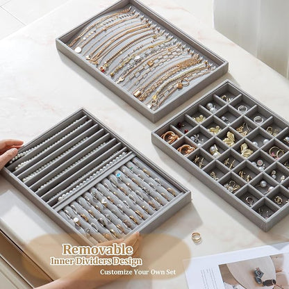 KATISYIO Large Velvet Jewelry Tray 2 Pack Stackable Jewelry Display Drawer Inserts Trays Organizer for Earring Bracelet Necklace Ring (Gray, Ring and 9 Grids)