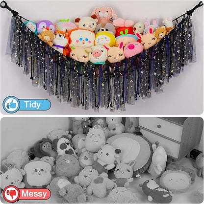 FIOBEE Stuffed Animals Net or Hammock with LED Light, Toy Hammock Hanging Stuffed Animals Storage Organizer Holder Room Décor for Nursery Kids Bedroom