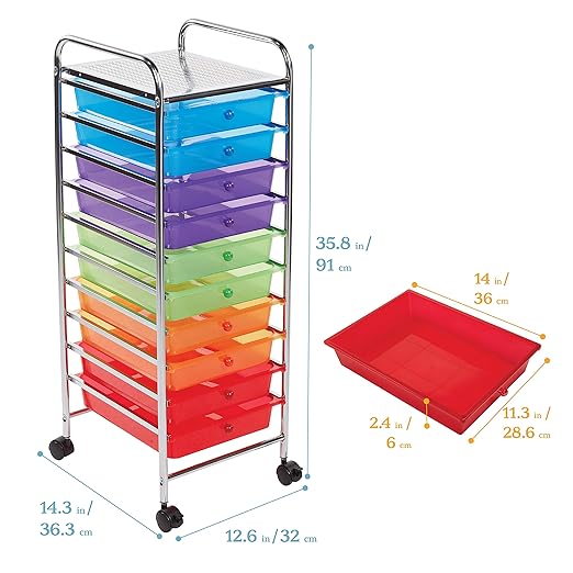 ECR4Kids 10-Drawer Value Mobile Oraganizer, Storage Cart, Assorted