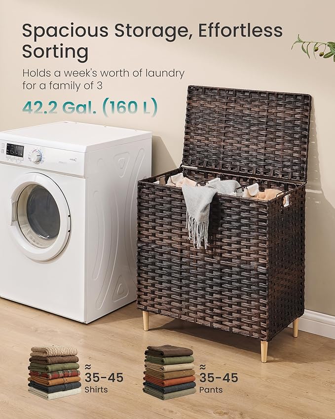 SONGMICS Laundry Hamper with Lid, PE Rattan Laundry Basket with Removable Liner, Storage Basket for Bedroom Living Room, 3-Section Sorter, 42.2 Gallons (160 L), Chestnut Brown ULCB223ME01