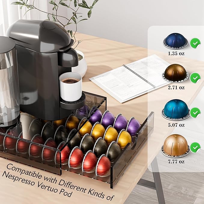 BXINREDA Acrylic Coffee Pod Organizer for Nespresso Vertuo Pod Holder 40 Pods transparent black Vertuo Pod Storage Drawer (1 Tier)