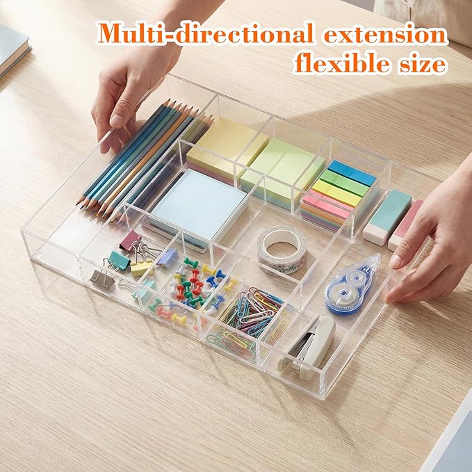 Briwooody Large Acrylic Desk Deep Drawer Organizer with Adjustable Dividers, Anti-Skip Clear Desk Top Organizer Tray for Pens, Desktop, Office, Bathroom, Kitchen, Makeup Supplies(10 Compartments)