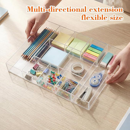 Briwooody Large Acrylic Desk Deep Drawer Organizer with Adjustable Dividers, Anti-Skip Clear Desk Top Organizer Tray for Pens, Desktop, Office, Bathroom, Kitchen, Makeup Supplies(10 Compartments)