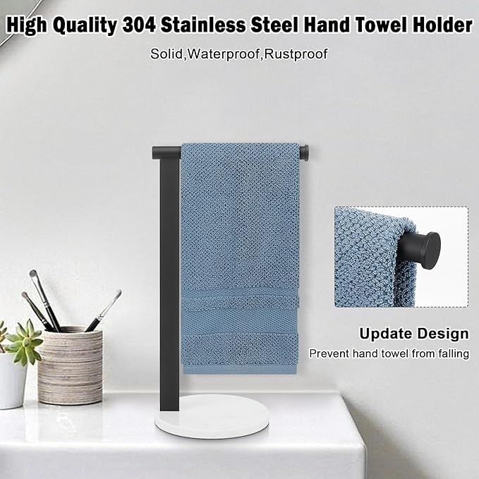 Stainless Steel L-Shaped Hand Towel Holder, SUS304 Bathroom Towel Rack with Thickened Base for Countertop Vanity (Matte Black)