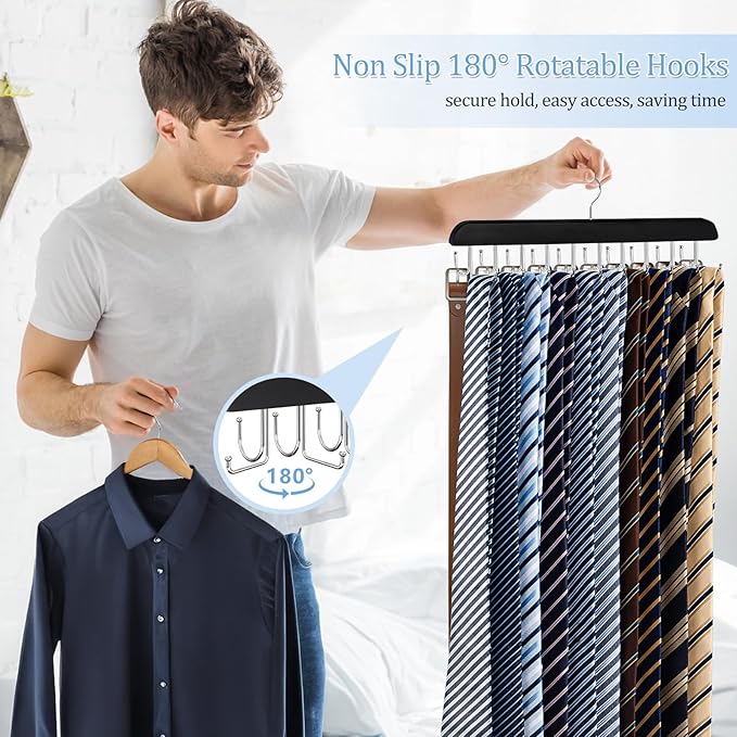 2-in-1 Belt and Tie Hanger for Closet, Upgraded Tie Rack with 20 Foldable Non-Slip Hooks, Max 30 Belts and 30 Ties, Space-Saving Wooden Tie and Belt Organizer for Camisoles, Bras, Scarves
