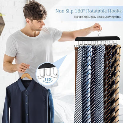2-in-1 Belt and Tie Hanger for Closet, Upgraded Tie Rack with 20 Foldable Non-Slip Hooks, Max 30 Belts and 30 Ties, Space-Saving Wooden Tie and Belt Organizer for Camisoles, Bras, Scarves