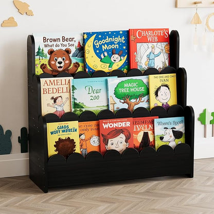 SpaceAid 3-Tier Scalloped Bookshelf, Montessori Bookcase for Toddlers, Wooden Book Shelf Organizer Display Furniture for Kids Rooms, Playroom, Nursery and Classroom, Black
