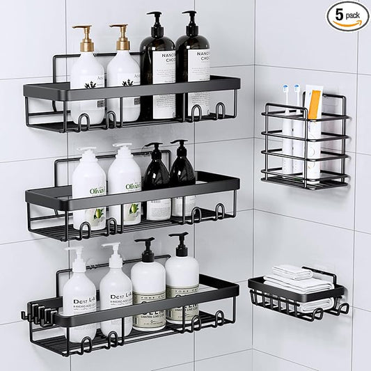 Posyla Shower Caddy, Bathroom Organizers, Black Shower Shelves for Inside with Soap Caddy & Toothbrush Holder, Stainless Steel Wall Rack Baskets Adhesives Mounted(5 PCS)