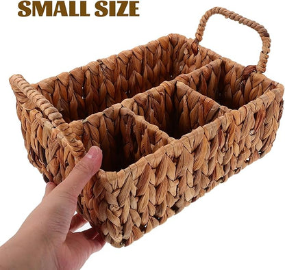 Hyacinth Woven Storage Basket for Cutlery Organization Rustic Tableware Holder for Home Kitchen and Picnics Versatile Sundries Basket with Compartments