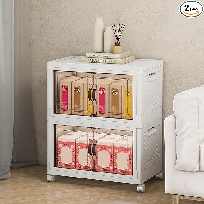 Vavkorkula Storage Bins with Lids and Wheels, 90QT-45QT*2Tier Collapsible Bathroom Storage Cabinet with Clear Doors, Plastic Stackable Closet Organizers and Containers White