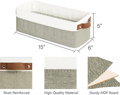 StorageWorks Narrow Storage Bins, Small Basket for Closet and Shelves, Fabric Organizer with Handles, Toilet Paper Storage, Green and White, 2-Pack