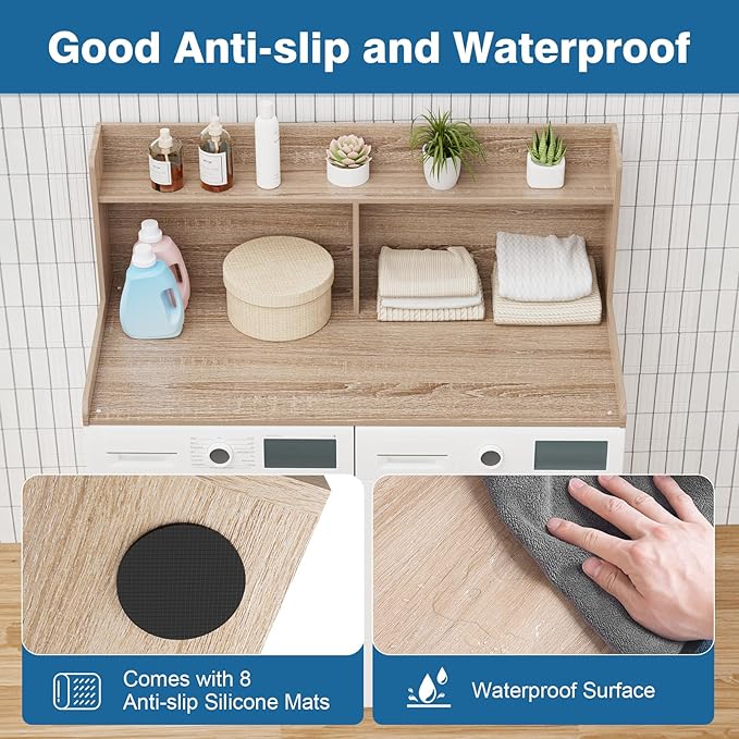 Washer Dryer Countertop with Shelf 54" W x 27.5" L Laundry countertop for Washer and Dryer with Edge Rails, Oak