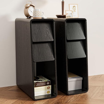 Black Nightstand Set of 2, Narrow Night Stand with Drawers, Small Bedside Table, Skinny Bed Side Table, Modern Wooden Nightstand for Bedroom, Wood, Slim, Black