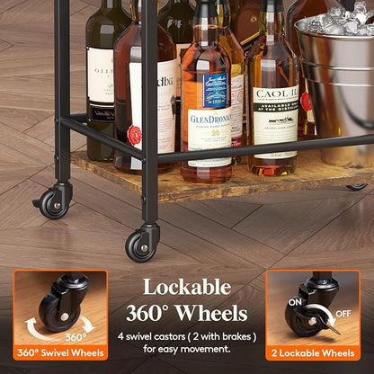 Lifewit Bar Cart for The Home, 3 Tier Rolling Wine Cart, Drink Serving Cart with Lockable Wheels, Mini Liquor Utility Cart for Dining Living Room, 43 x 30 x 81.5 cm/17x 11.8 x 32.1 inch, Rustic Brown