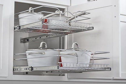 Rev-A-Shelf 2 Tier Pull Out Under Sink Organizer, 21 x 22 Inch, Steel Wire Pots and Pans Organizer, Tape Measure Included