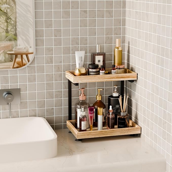 2-Tier Bathroom Counter Organizer with Suction Cups - Non-Slip Vanity Countertop Organizers for Makeup, Perfume & Skincare, Wooden Counter Storage Shelf for Bathroom, Sink, Kitchen