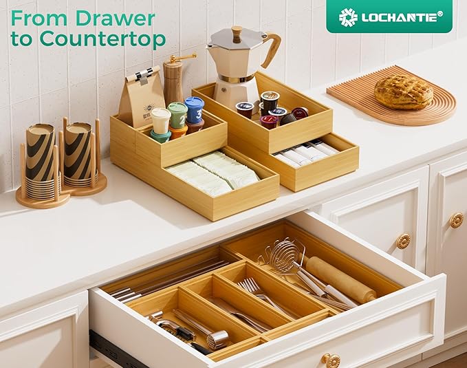 Bamboo Kitchen Drawer Organizer Boxes – 14" x 5" Stackable Wood Silverware Utensil Tray for Drawers, Cutlery & Flatware Storage – Wooden Organizers Set of 2 for Junk Drawer Bins, Bathroom, RV