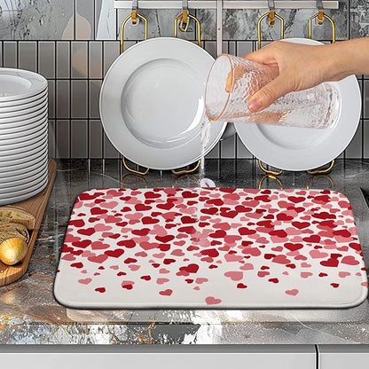 Wnoesat Valentines Dish Drying Mat Pink Red Love Hearts Valentine Drying Mats for Kitchen Counter Absorbent Microfiber Reversible Dish Draining Mat Medium Dishes Pad 16 X 18 Inch