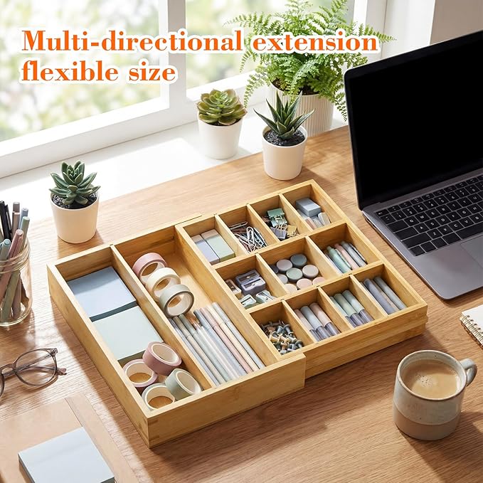 1 Pcs Bamboo Desk Drawer Organizer 2 Inch Height Expandable Drawer Organizer Trays with 13 Adjustable Compartments Desk Accessories for Makeup Silverware Office Bathroom(Wood)