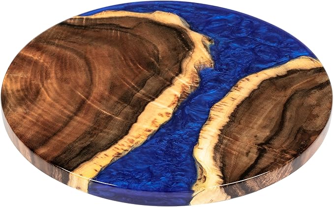 Handmade Reversible 16" Wood and Epoxy Resin Lazy Susan, Turntable for Kitchen Countertop, Rotating Display Stand, Round Wooden Platter, Organizer and Storage for Dining Table, Home Decor (Royal Blue)