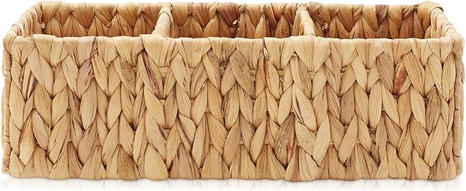 Casafield Set of 2 Water Hyacinth Basket Organizers with 3 Sections, Natural - Woven Storage Bins for Bathroom, Laundry, Pantry, Office, Shelves