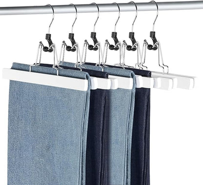 AMKUFO 12 Pack White Wooden Pants Hangers with Clips Non Slip Skirt Hangers Trouser Clamp Hanger Solid Wood Hanger with 360° Swivel Hook