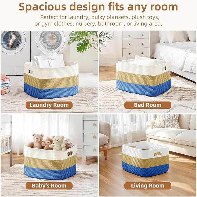 Cotton Rope Basket,Large Blanket Basket for Living Room,Woven cotton rope laundry baskets，For Bathroom Dirty Clothes ，Nursery Toys，pillow storage organization, 72L，white and dark blue.