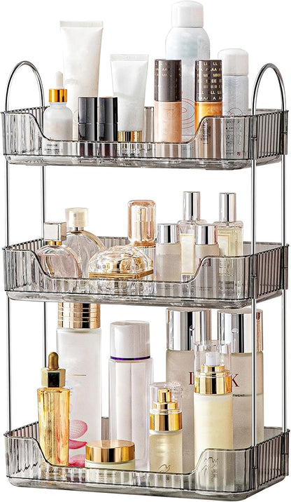 akinbas 3 Tier Bathroom Organizer Countertop Makeup Perfume Tray Skincare Organizer for Bathroom Dresser Vanity (Grey)