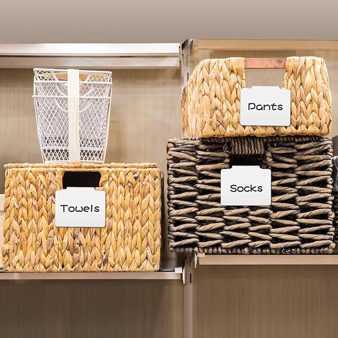 9 Pcs White Basket Labels Clip on Removable Hanging Label Holder with Chalk Markers for Storage Bin Basket Box Kitchen Pantry