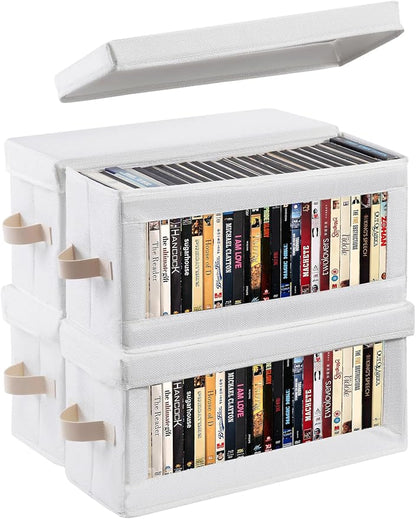 4 Pack DVD Storage Box with Visible Window, Dustproof CD/DVD Case Holder Organizer Rack Can Hold Up to 104 DVD, Blu-ray & CD Storage, Stackable and Lid Design –White
