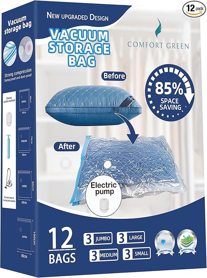 12 Pack Reuseable Vacuum Storage Bags with Electric Pump, Vacuum Seal Space Saver Bags for Clothing, Travel, Blanket, Bedding, Moving Home, and Organisation (3 Jumbo, 3 Large, 3 Medium, 3 Small)