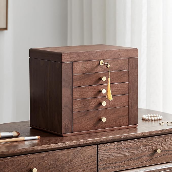 Homruilink Black Walnut Wooden Jewelry Box, Wood Jewelry Organizer with 2 Side Doors Mirror Lockable Classical Style for Watch Necklace Ring Earring Storage Valentines Day Gifts for Her-5 Layer