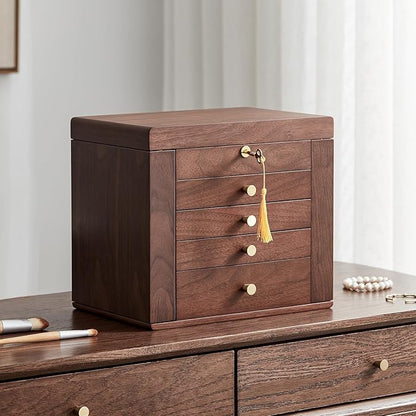 Homruilink Black Walnut Wooden Jewelry Box, Wood Jewelry Organizer with 2 Side Doors Mirror Lockable Classical Style for Watch Necklace Ring Earring Storage Valentines Day Gifts for Her-5 Layer