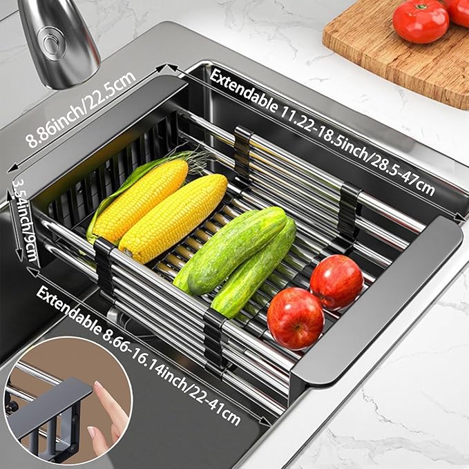 Large Dish Drying Rack for Kitchen Counter/Sink, Expandable Stainless Steel Sink Organization and Storage Essentials, Home and Appartment Decor, 8.86" W x 11.22"-18.5" L,Black